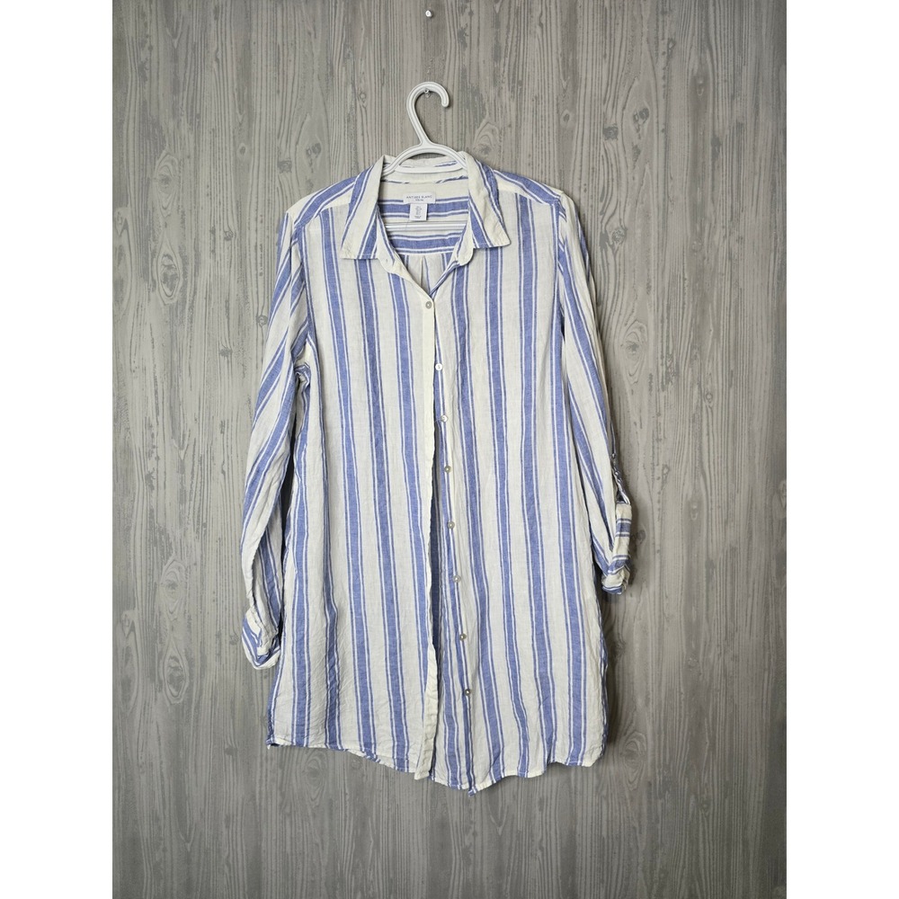 Antibes Blanc Linen Shirt Dress Womens L Blue White Stripe Tunic Coastal
